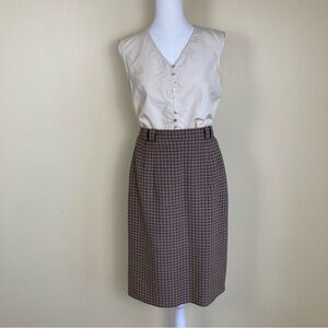 Vintage 80s Plaid Wool Blend Pencil Midi Skirt Tan/Blue Academia Preppy Sz XS